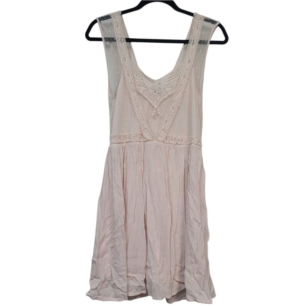 Forever 21 Pastel Pink Gauzy Cottagecore Mini Dress w/ Crochet Trim Large